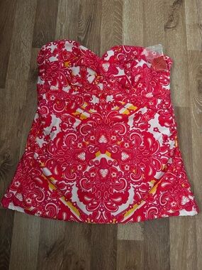 Athena Red and White Printed Women’s Swim Top